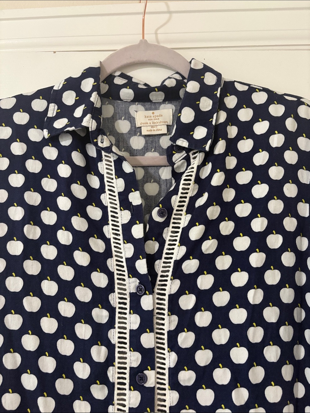 kate spade Navy and White Apple-Print Tunic Blouse Small - Picture 2 of 4